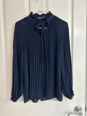 Lauren Ralph Lauren Rich Navy Tie-Neck Pleated Georgette Long-Sleeve Blouse